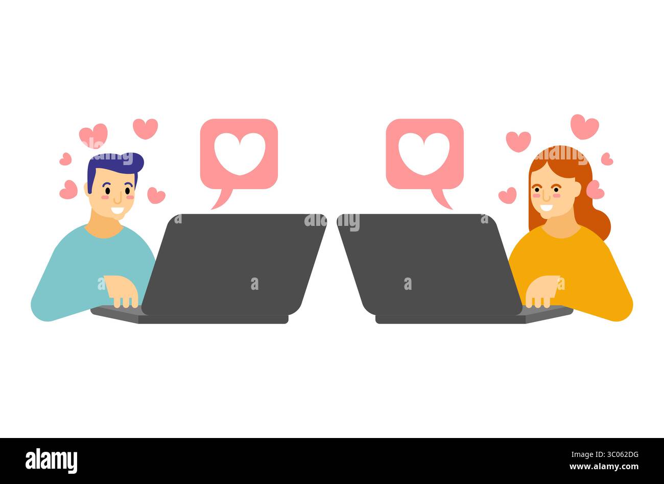 Coppia amorevole seduti con notebook, connessi tramite la tecnologia. Simbolo di incontri online, relazioni a lunga distanza e affetto digitale nella m Illustrazione Vettoriale