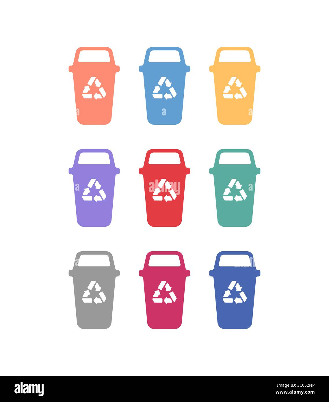 Set di 9 icone di contenitori di riciclaggio per lo smistamento dei rifiuti: Plastica, vetro, metallo, organico, carta, e altri. Design vettoriale piatto e minimalista per un ambiente ecologico e un ambiente Illustrazione Vettoriale