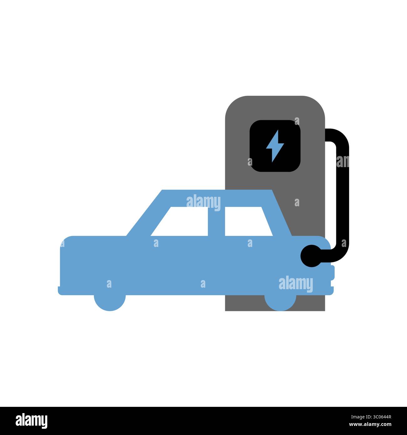 Ricarica di un'auto elettrica in una centrale elettrica. Icona della mobilità verde, dei trasporti puliti e del futuro sostenibile. Illustrazione Vettoriale