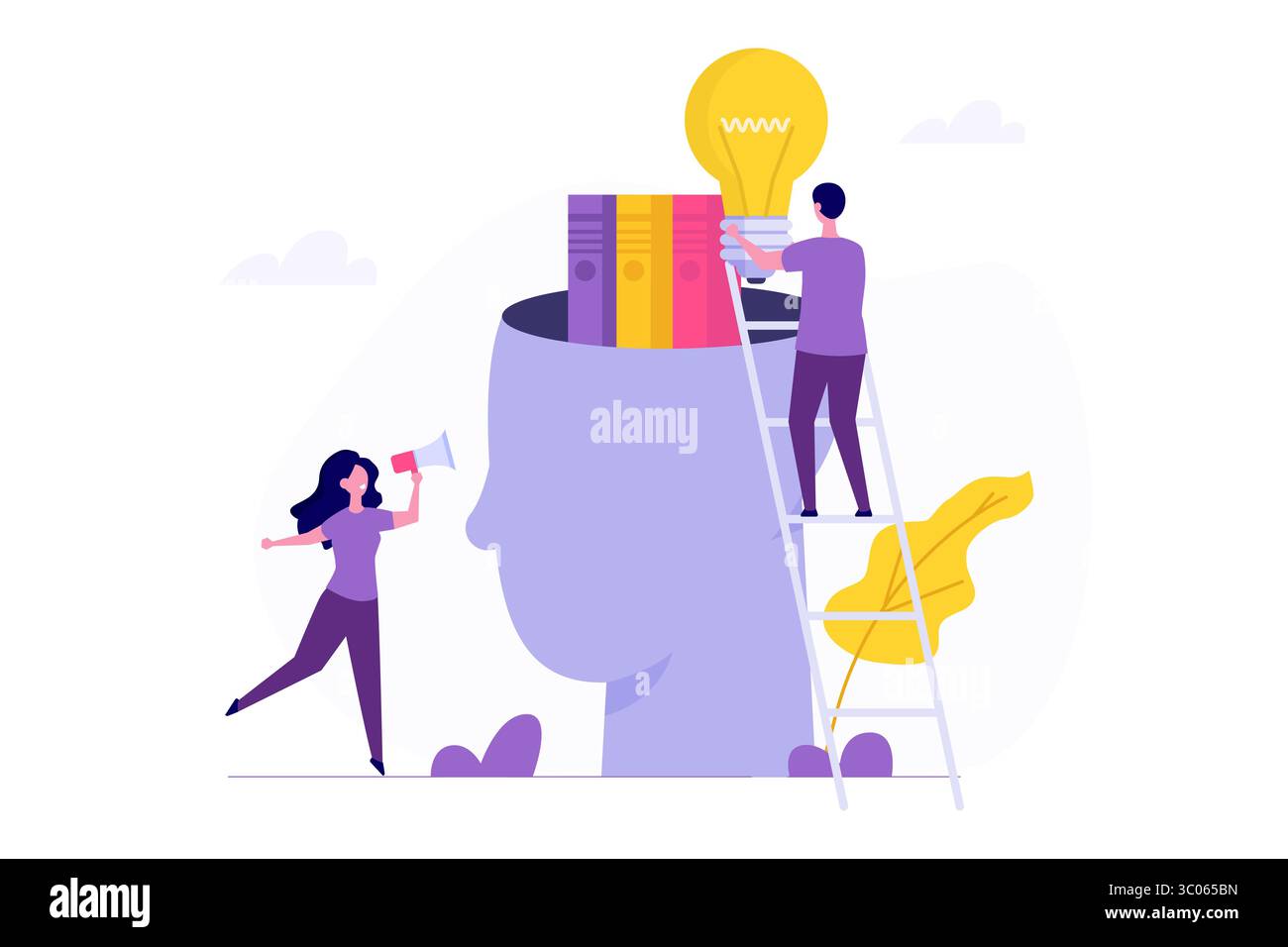 Concetto di "libro in testa". Migliorare le competenze e imparare cose nuove per lo sviluppo della conoscenza e migliorare le qualifiche professionali. L'uomo mette idee per lampadine, libri, Illustrazione Vettoriale