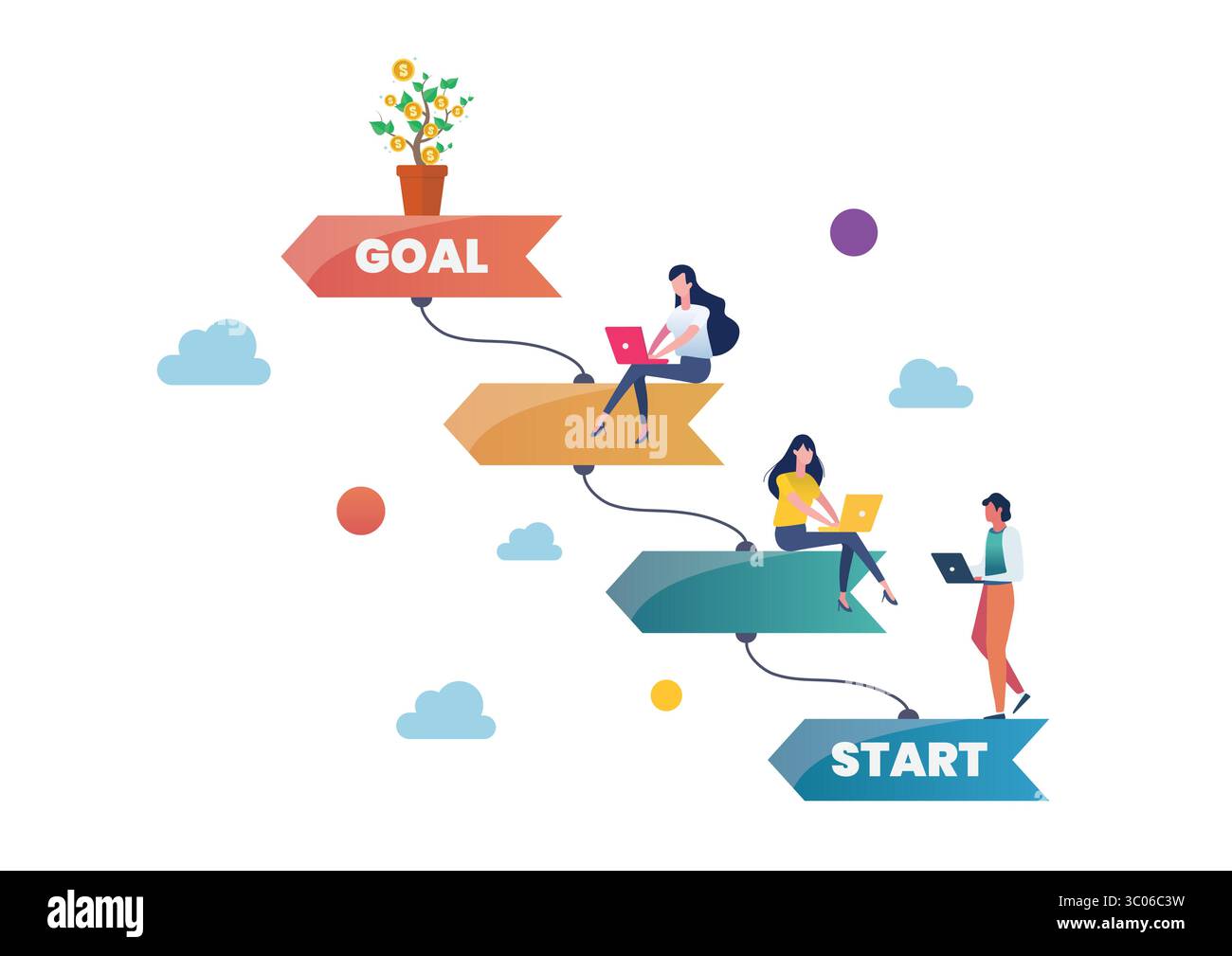 Progettazione di infografiche con obiettivi di inizio e fine con i lavoratori. illustrazione vettoriale Illustrazione Vettoriale