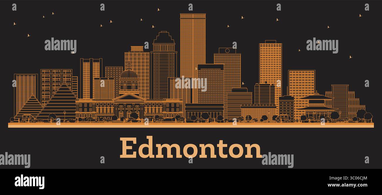 Delinea lo skyline di Edmonton Canada City con gli edifici arancioni. Illustrazione vettoriale. Concetto di viaggio d'affari e turismo con architettura storica. Illustrazione Vettoriale