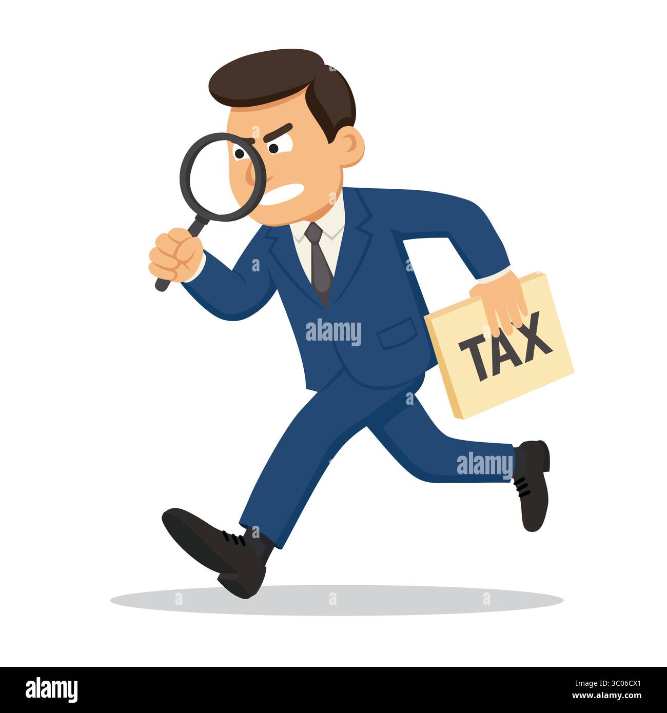 Ispettore fiscale in tuta blu che corre con una cartella FISCALE e guarda attraverso una lente d'ingrandimento. Illustrazione vettoriale. Stile cartoni animati. Controllo fiscale, ispettori Illustrazione Vettoriale