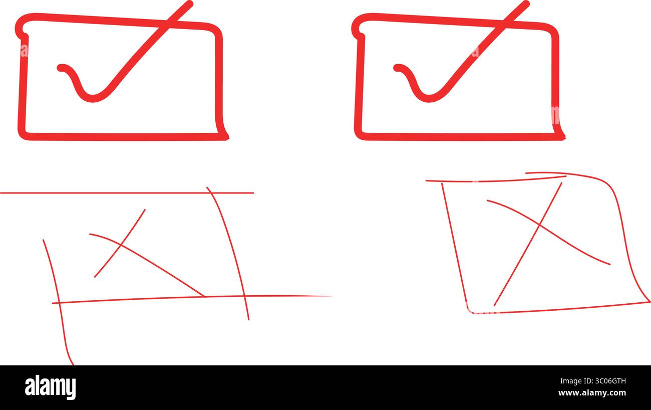 Check Marks e Cross Marks: Una collezione di segni di spunta e croci in grassetto e fatti a mano in rosso e nero, che suggeriscono scelte, decisioni e l'essenza di c Illustrazione Vettoriale
