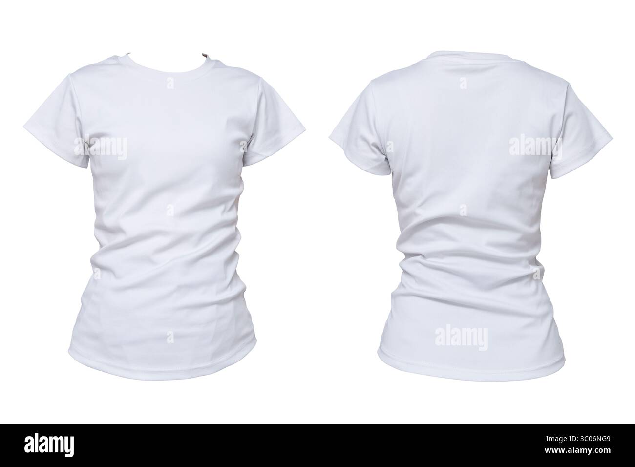T-shirt bianca bianca con vista anteriore e posteriore isolata su sfondo bianco. Modello di mockup per abbigliamento di moda per branding, stampa, design tessile o promozioni Foto Stock