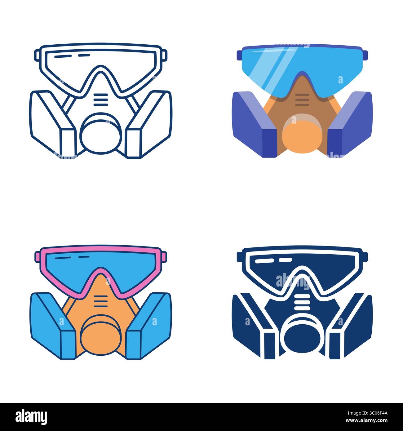 Maschera respiratoria e occhiali di sicurezza set di icone piatte e lineari. Dispositivi di protezione, protezione delle vie respiratorie. Illustrazione vettoriale Illustrazione Vettoriale
