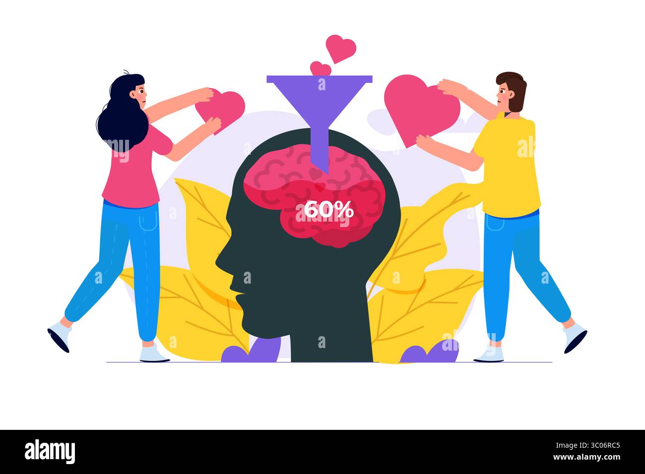 Intelligenza emotiva, concetto di salute mentale. Supporto, aiuto con problemi mentali. Cuore e cervello in equilibrio. Piccole persone che esplorano la persona interiore Illustrazione Vettoriale