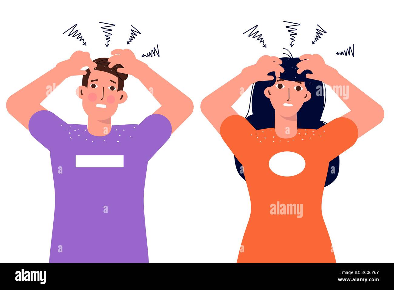Forfora, prurito alla testa e concetto. Uomo e donna nervosi che le grattano il cuoio capelluto prurito. Illustrazione vettoriale. Illustrazione Vettoriale