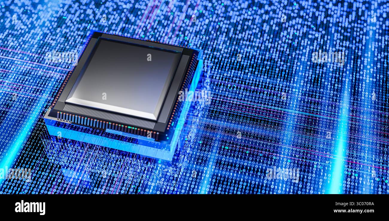 Microchip al di sopra della matrice di numeri binari, linee digitali blu, che rappresentano ai, cybersicurezza, apprendimento automatico, sviluppo software, analisi di rete Foto Stock