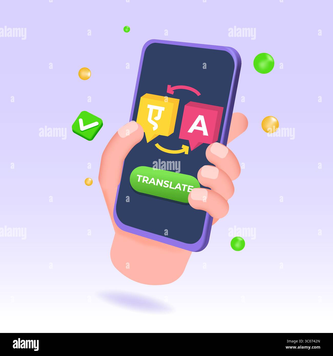 Applicazione online per traduttori multilingue. Concetto di comunicazione multilingue. Illustrazione vettoriale. Illustrazione Vettoriale