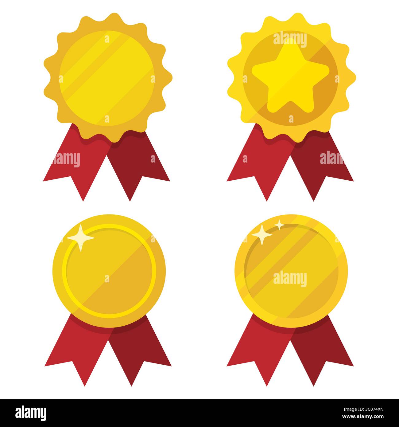 Illustrazione vettoriale colorata di medaglie d'oro con nastri rossi, adatta per risultati, certificati o giochi, ideale per trofei, sport e grafica d'onore. Icona della medaglia d'oro. Distintivo del vincitore. Nastro premio piatto. Vettore dei trofei dei cartoni animati. Premio di gioco. Illustrazione Vettoriale