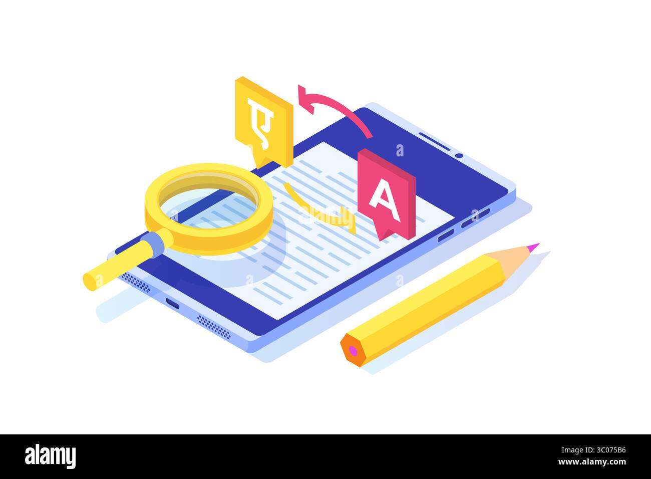 Applicazione online per traduttori multilingue. Concetto isometrico di comunicazione multilingue. Illustrazione vettoriale. Illustrazione Vettoriale