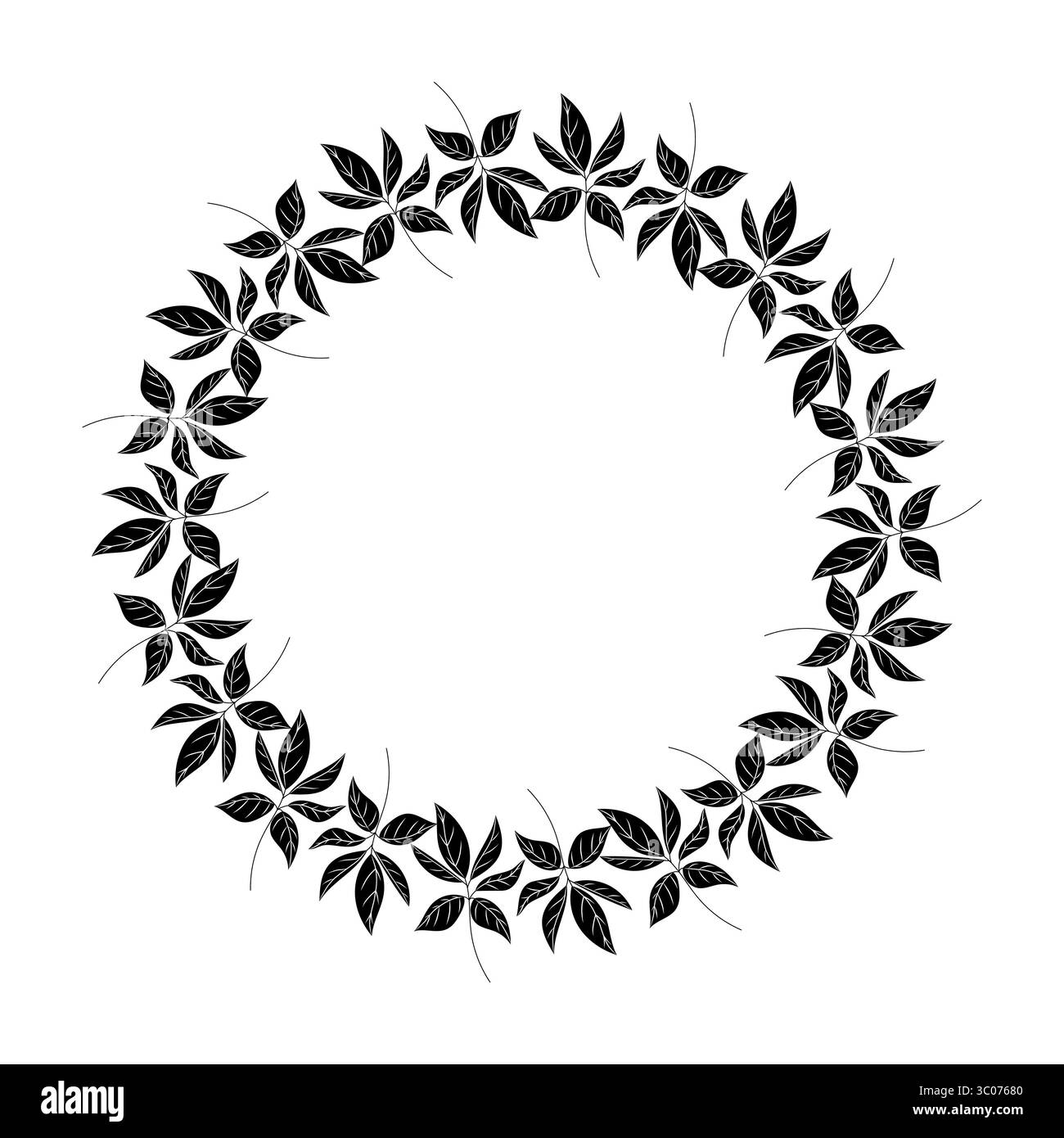 Corona vettoriale rotonda isolata composta da foglie astratte di colore nero con venature bianche, realizzata in uno stile moderno e minimal su fondo bianco Illustrazione Vettoriale