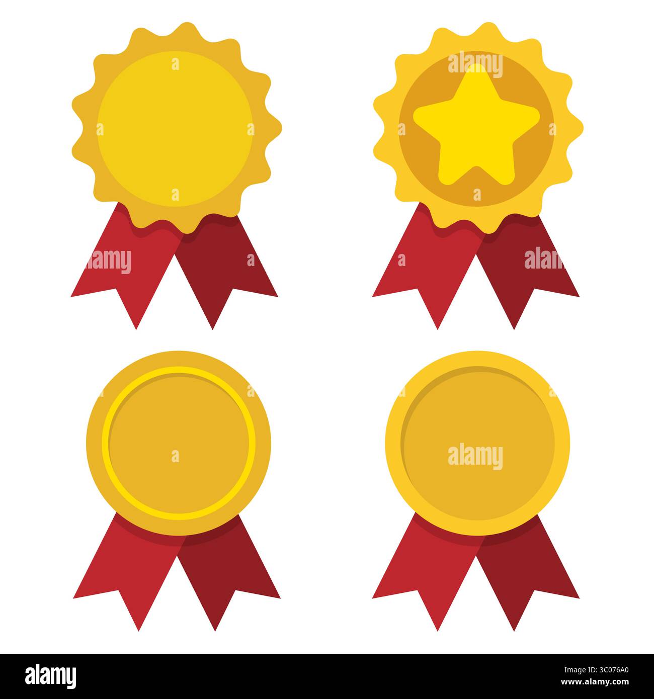 Set di quattro medaglie d'oro piatte con nastri rossi, che simboleggiano ricompensa, successo e successo. Collezione di badge dorati per il vincitore, l'onore, il premio o l'illustrazione del concorso. Illustrazione vettoriale delle icone Gold Award con elementi a nastro utilizzati per il riconoscimento e la classificazione. Illustrazione Vettoriale