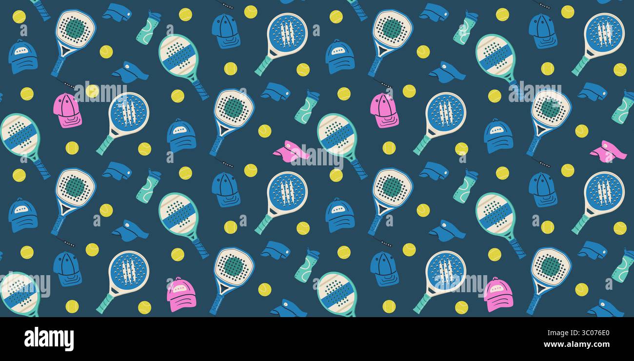 Pattern senza cuciture di ping-palla. Racchette sportive, palle e visiere sfondo senza fine. L'attrezzatura da gioco a pale ripete l'ornamento del coperchio. Ripetizione di superficie de Illustrazione Vettoriale