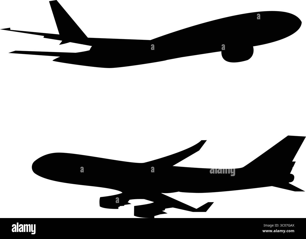 Un aereo passeggeri con silhouette nera, illustrazione vettoriale a due viste diverse. Illustrazione Vettoriale