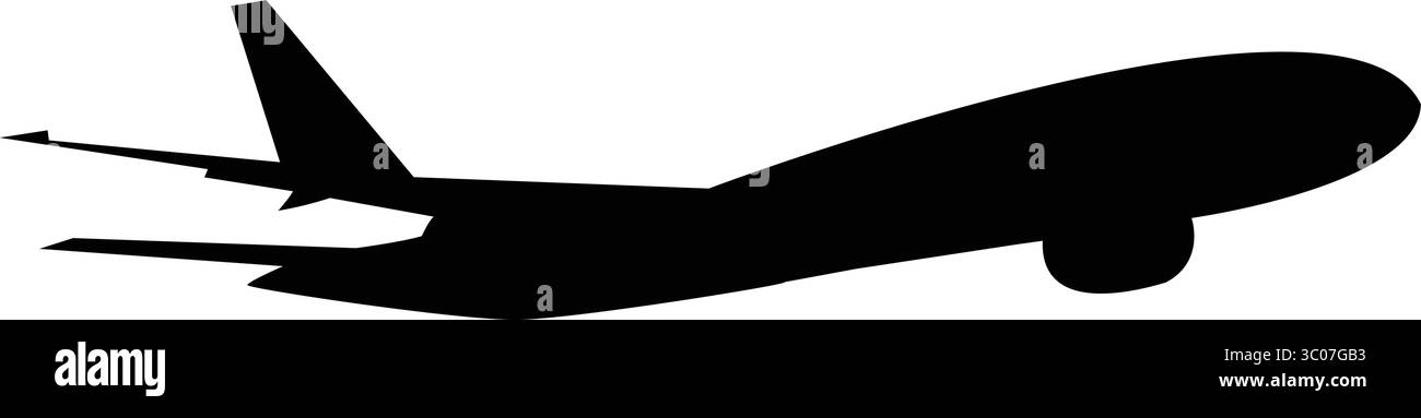 Illustrazione vettoriale su sfondo trasparente con la silhouette nera dell'aereo passeggero. Illustrazione Vettoriale