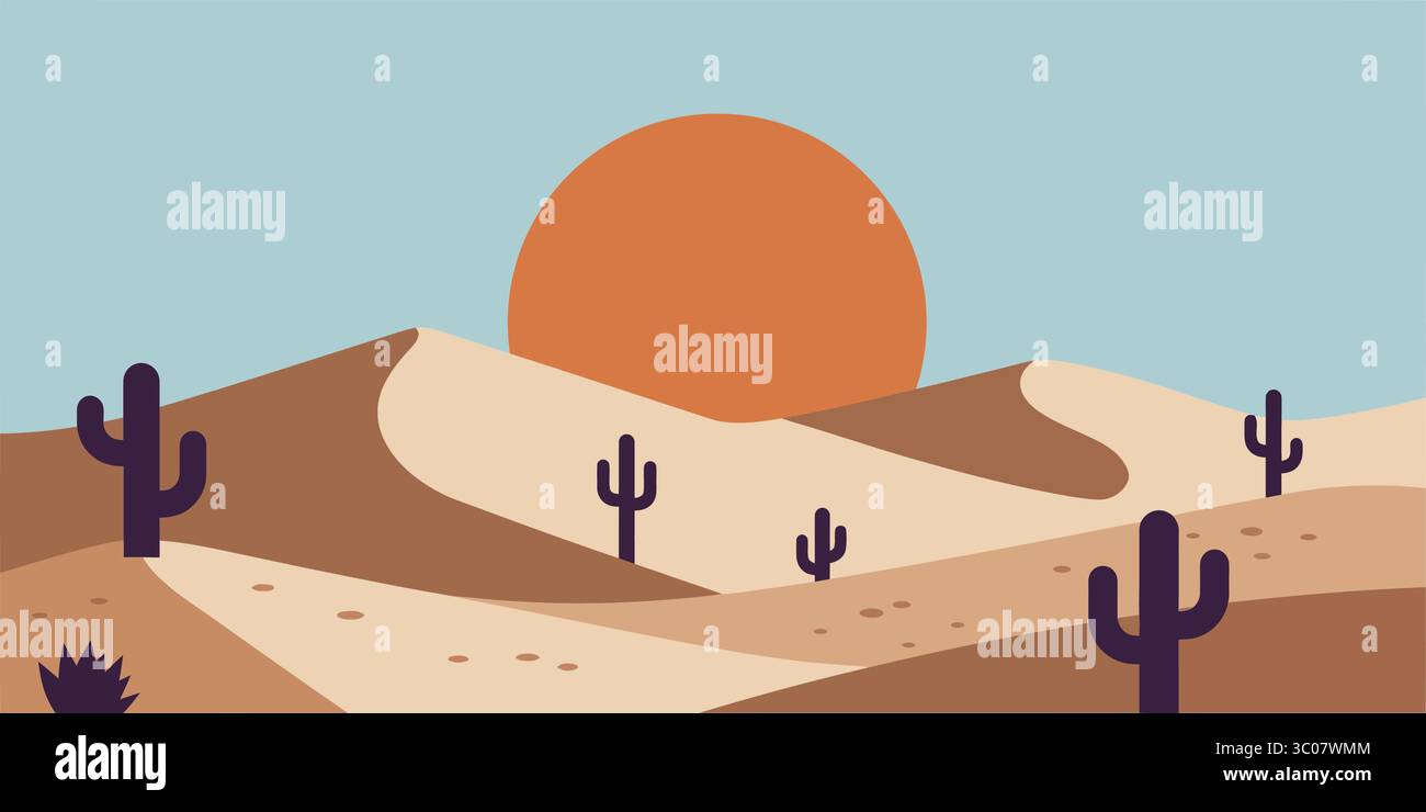 Illustrazione dei cactus al tramonto nel deserto Illustrazione Vettoriale