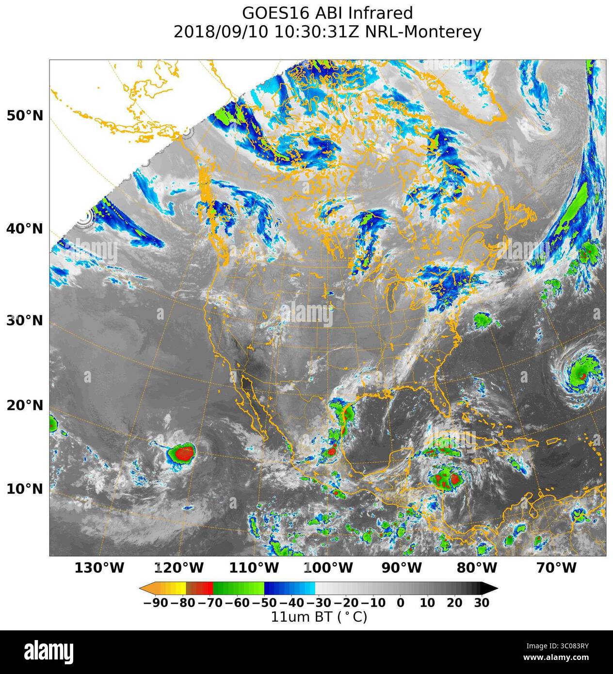 10 settembre 2018 - Washington, District of Columbia, Stati Uniti - un'immagine satellitare a infrarossi del Nord America fornita dal Naval Research Laboratory Monterey dall'Advanced Baseline Imager GOES 16 che mostra la tempesta tropicale Paul nell'Oceano Pacifico e l'uragano Florence nell'Oceano Atlantico. (Immagine di credito: © U.S. Navy/ZUMA Wire/ZUMAPRESS.com) Foto Stock