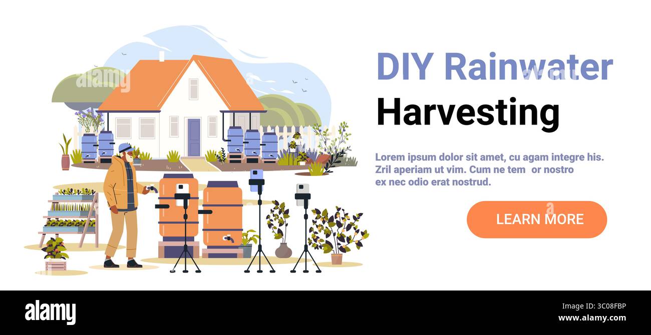 Raccolta di acqua piovana fai da te botti da giardino per la casa sostenibile, registrazione dell'uomo, installazione di piante naturali, moderno striscione dal design piatto Illustrazione Vettoriale