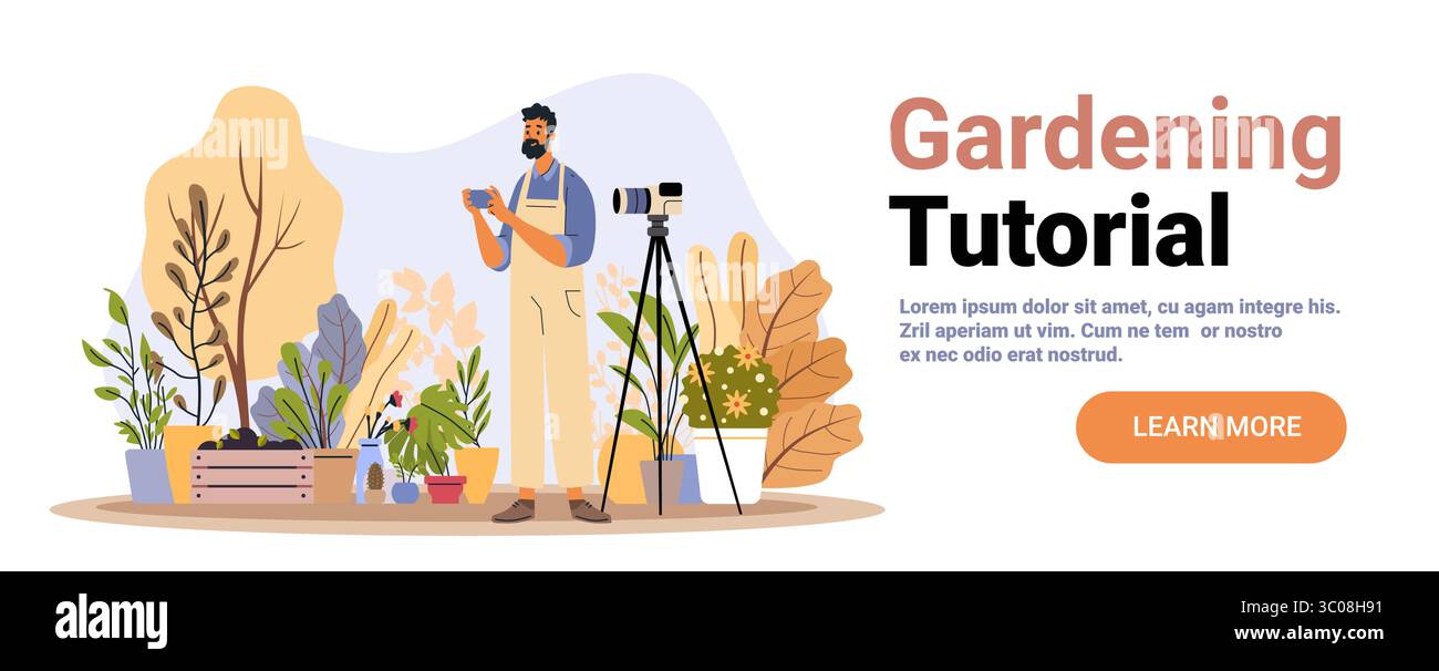 Tutorial di giardinaggio uomo filmare piante fotocamera esterna treppiede fogliame moderno banner piatto sito web Illustrazione Vettoriale