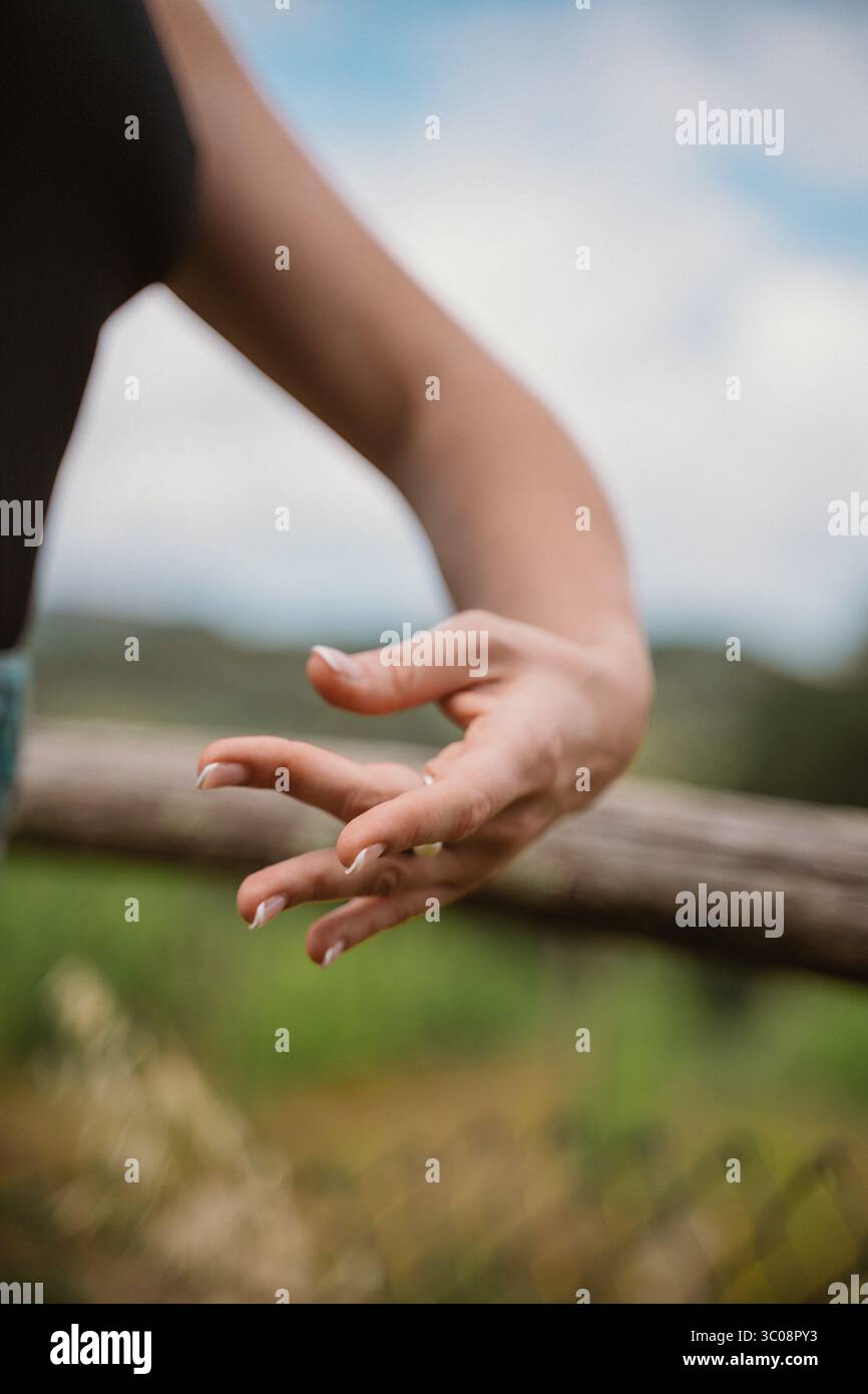 Mano catturata con un gesto aggraziato su uno sfondo naturale sfocato. L'immagine enfatizza l'eleganza e il movimento sottile, concentrandosi sull'outdo sereno Foto Stock