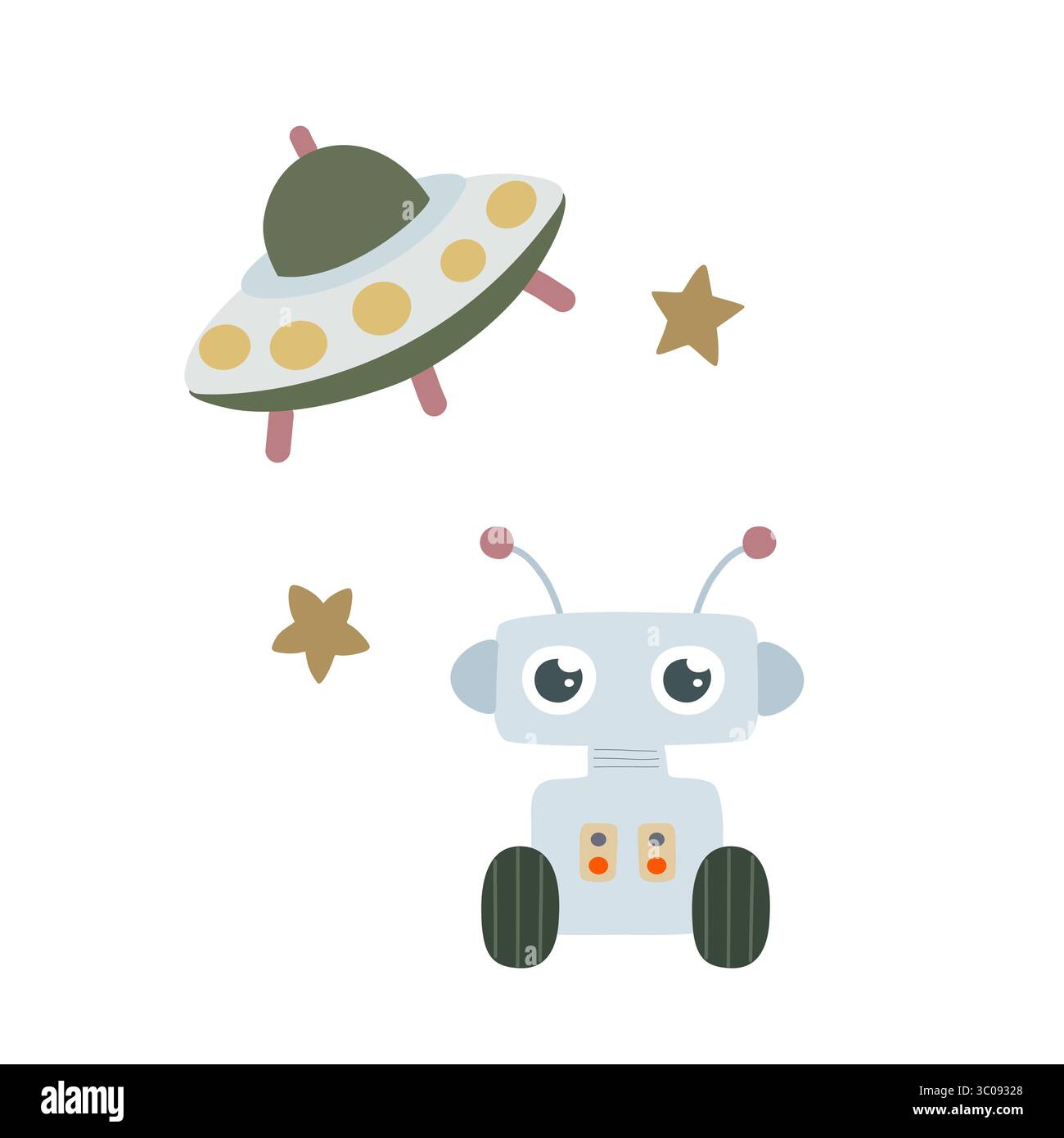 Adorabile robot e astronave che si librano nel cosmo, circondati da stelle scintillanti, un'illustrazione stravagante per i progetti dei bambini Foto Stock