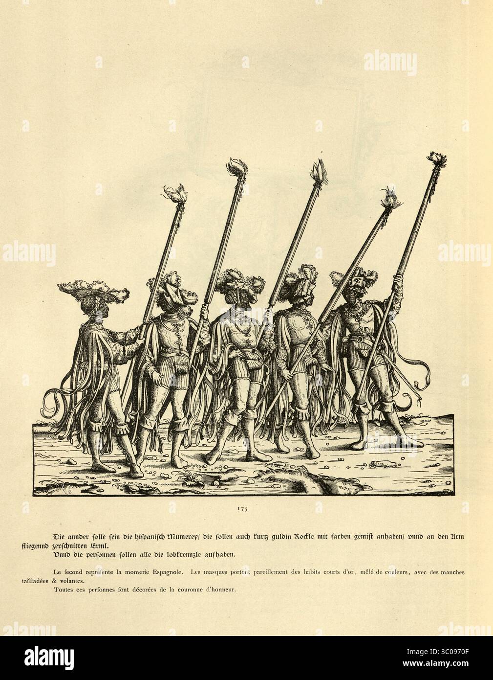 Arte rinascimentale, mummer spagnoli che indossano maschere e costumi, sfilata, il trionfo di Massimiliano i Sacro Romano Imperatore, XVI secolo, incisione in legno tedesca Foto Stock