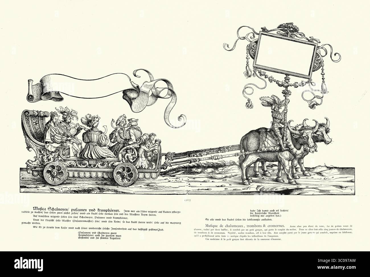 Arte rinascimentale, musicisti che suonano flauti e trombe, su un galleggiante, sfilata, stendardo che cavalca buoi, il Trionfo di Massimiliano i Sacro Romano Imperatore, XVI secolo, incisione su legno tedesca Foto Stock