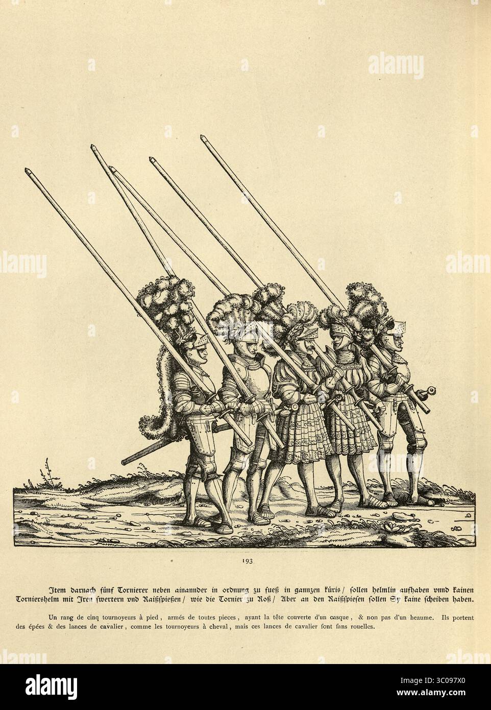Arte rinascimentale, Cavalieri del Torneo in armatura, lance portanti, il Trionfo di Massimiliano i Sacro Romano Imperatore, XVI secolo, incisione tedesca in legno Foto Stock