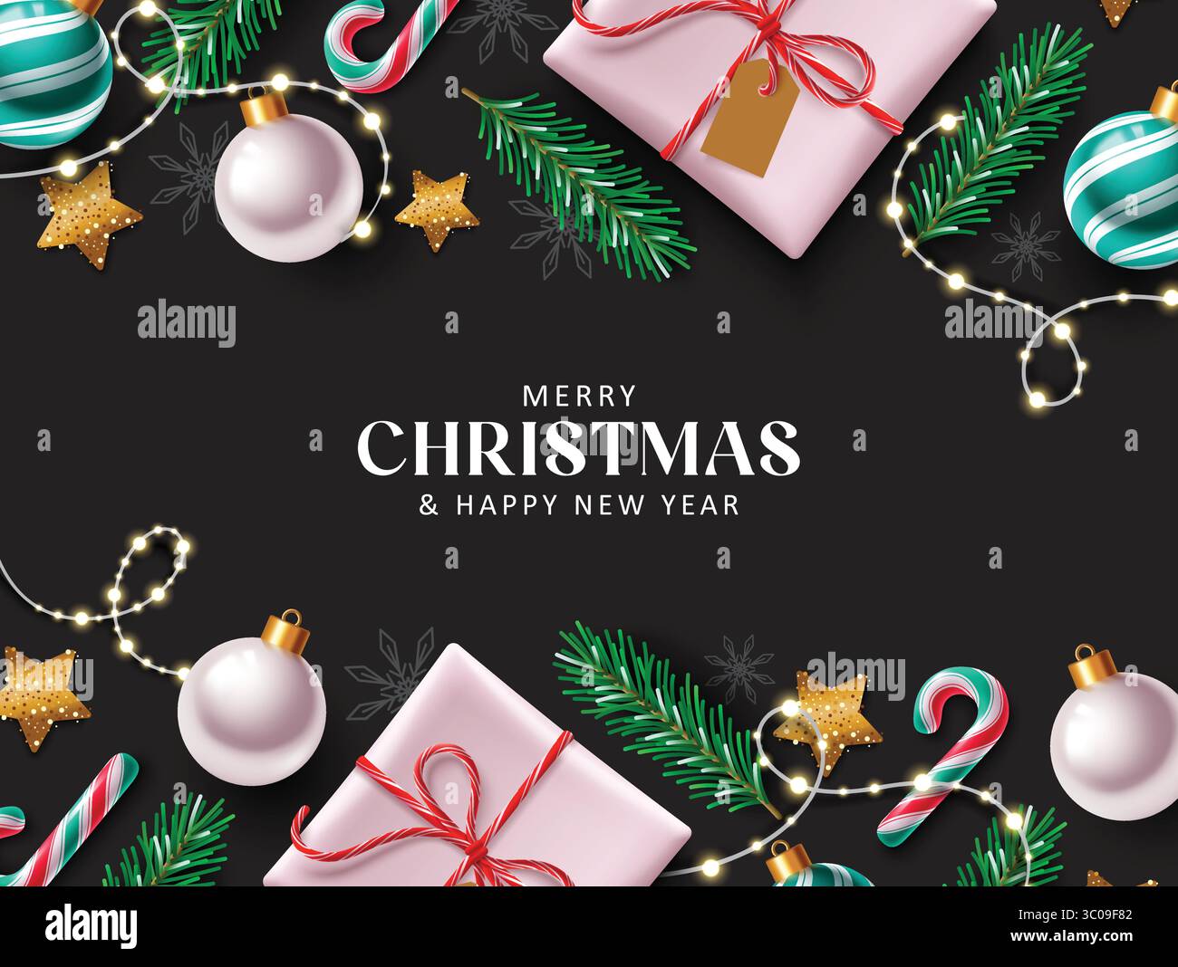 Elegante design vettoriale per il saluto natalizio con regali, baule, bastoncini di caramelle e luce natalizia su sfondo nero illustrazione vettoriale. Clip di Natale Illustrazione Vettoriale