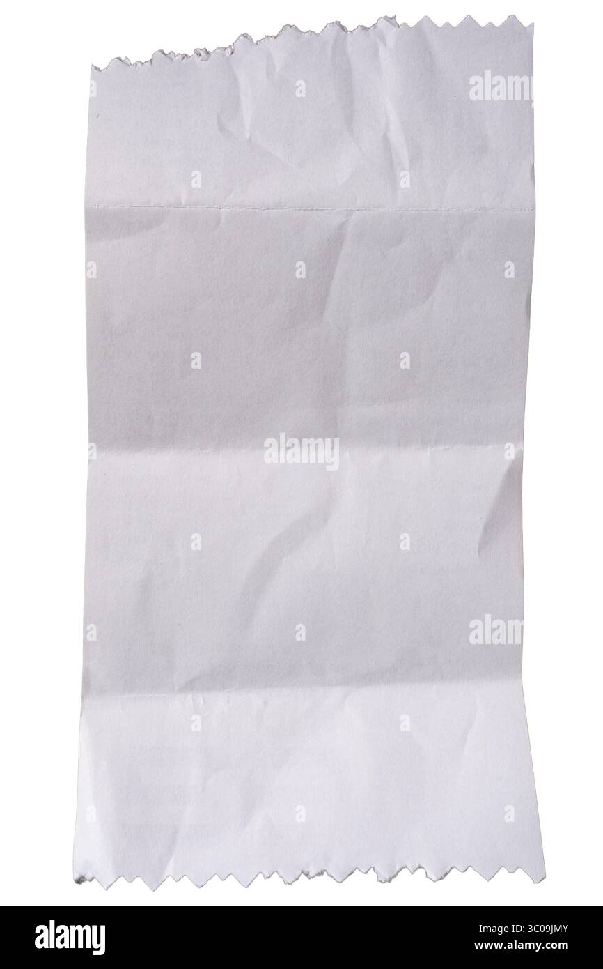 Vecchio modello di carta per ricevute piegate con bordo lacerato Zigzag isolato su sfondo bianco con percorso di ritaglio Foto Stock