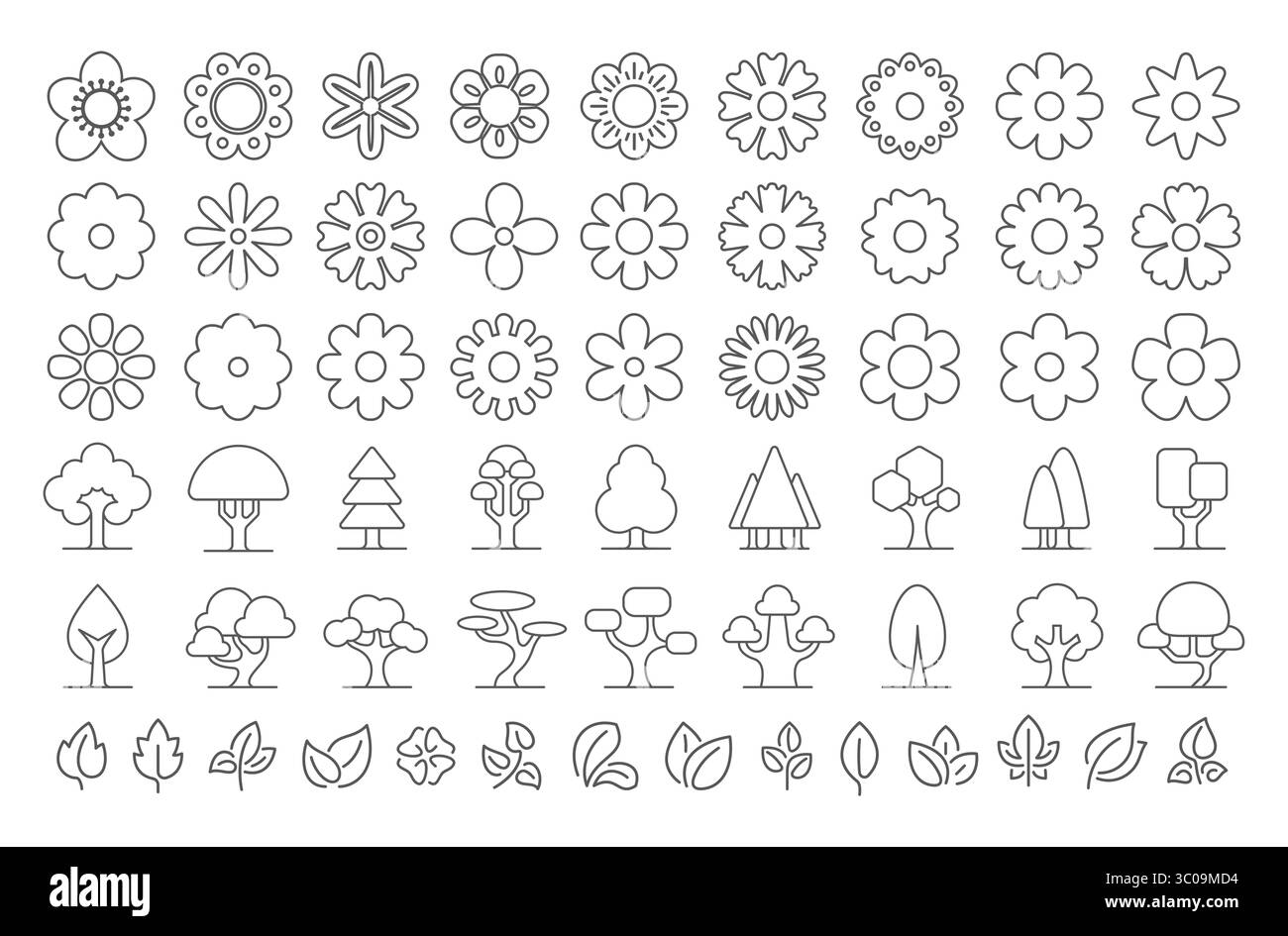 Icone di linea di fiori, alberi e foglie su sfondo bianco. Collezione di icone botaniche. Elementi decorativi naturali per eco, UI e. Illustrazione Vettoriale