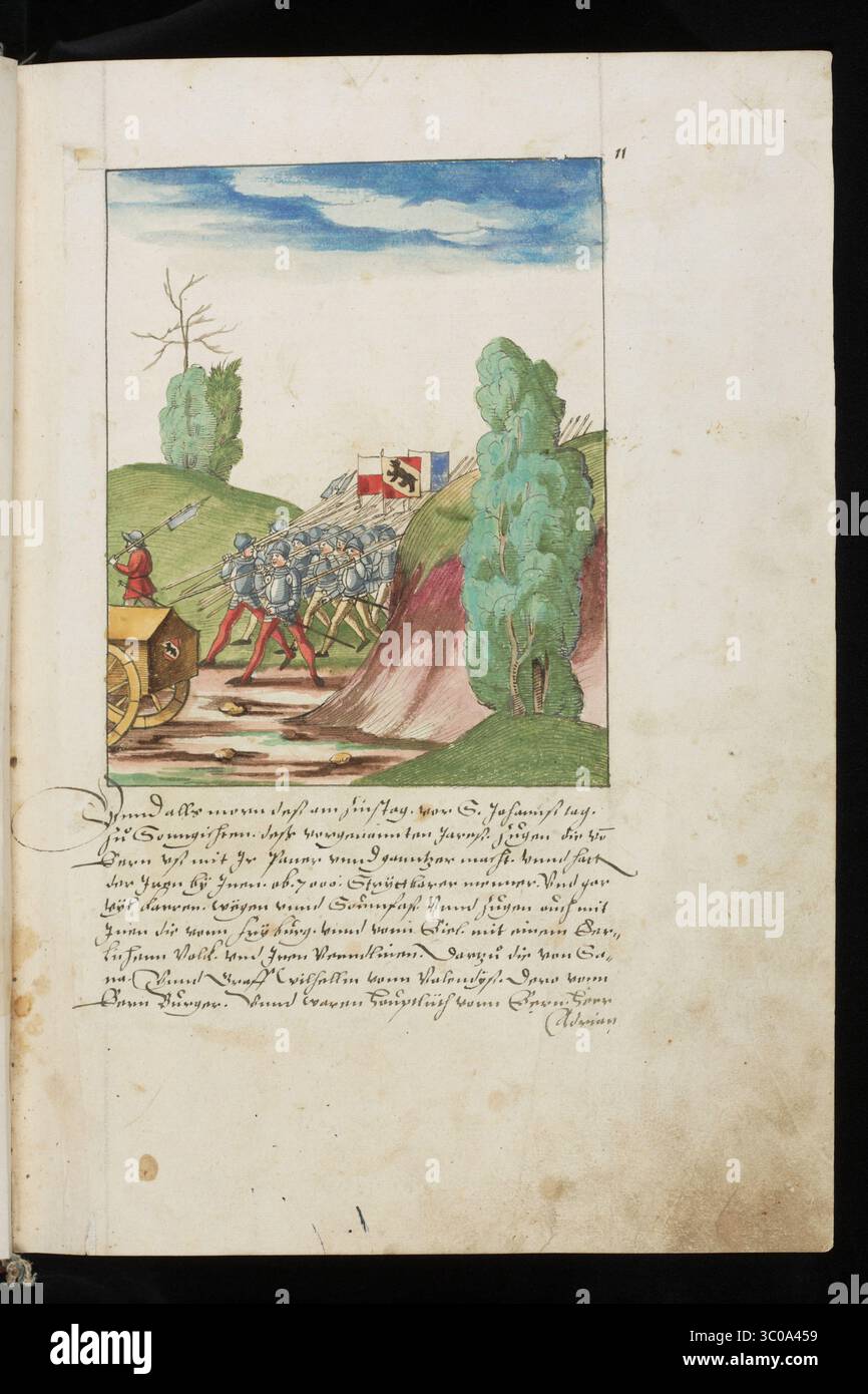 Una scena delle Guerre di Borgogna (1474-1477) una serie di conflitti nel tardo XV secolo tra il Ducato di Borgogna e la Vecchia Confederazione svizzera, insieme ai loro alleati. Illustrazione dal Silbereisen Chronicon Helvetiae, parte II, XVI secolo. Foto Stock