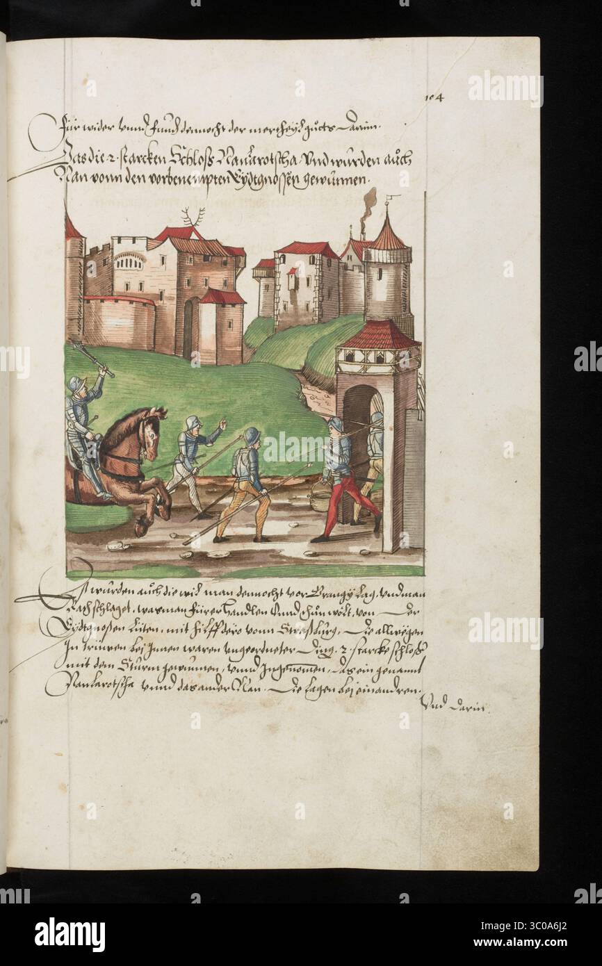 Una scena delle Guerre di Borgogna (1474-1477) una serie di conflitti nel tardo XV secolo tra il Ducato di Borgogna e la Vecchia Confederazione svizzera, insieme ai loro alleati. Illustrazione dal Silbereisen Chronicon Helvetiae, parte II, XVI secolo. Foto Stock