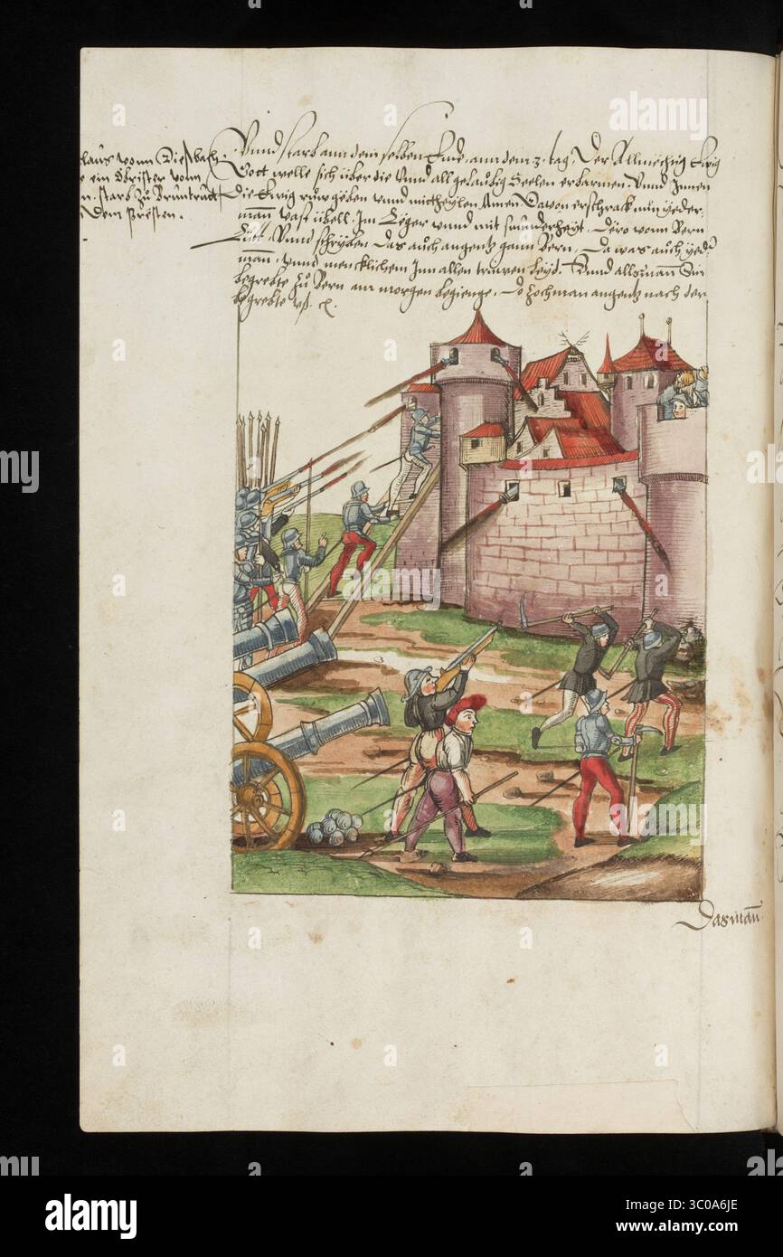 Una scena delle Guerre di Borgogna (1474-1477) una serie di conflitti nel tardo XV secolo tra il Ducato di Borgogna e la Vecchia Confederazione svizzera, insieme ai loro alleati. Illustrazione dal Silbereisen Chronicon Helvetiae, parte II, XVI secolo. Foto Stock