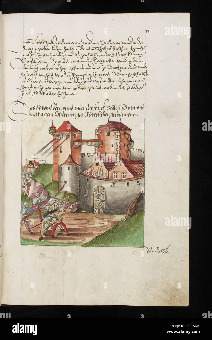 Una scena delle Guerre di Borgogna (1474-1477) una serie di conflitti nel tardo XV secolo tra il Ducato di Borgogna e la Vecchia Confederazione svizzera, insieme ai loro alleati. Illustrazione dal Silbereisen Chronicon Helvetiae, parte II, XVI secolo. Foto Stock