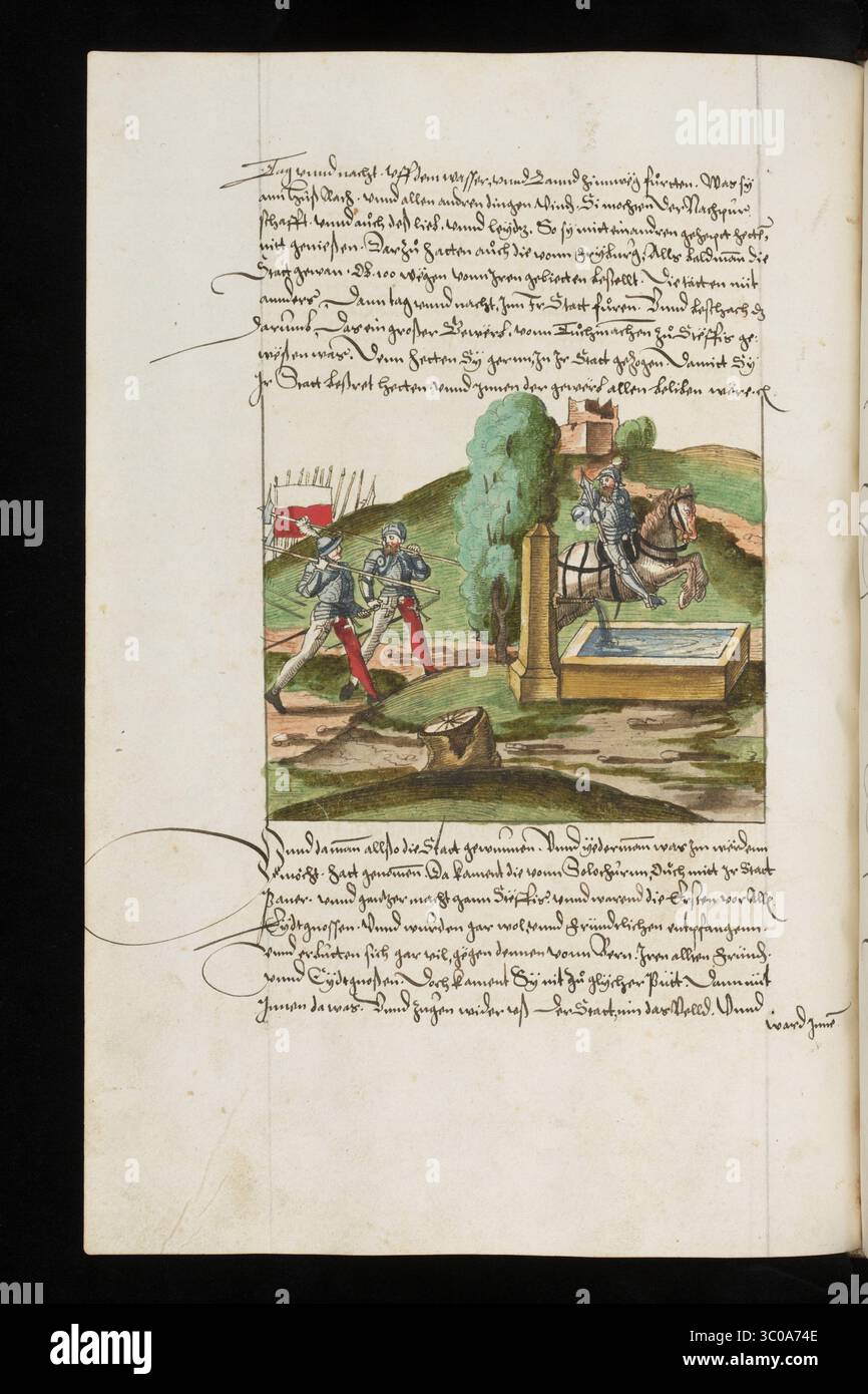 Una scena delle Guerre di Borgogna (1474-1477) una serie di conflitti nel tardo XV secolo tra il Ducato di Borgogna e la Vecchia Confederazione svizzera, insieme ai loro alleati. Illustrazione dal Silbereisen Chronicon Helvetiae, parte II, XVI secolo. Foto Stock