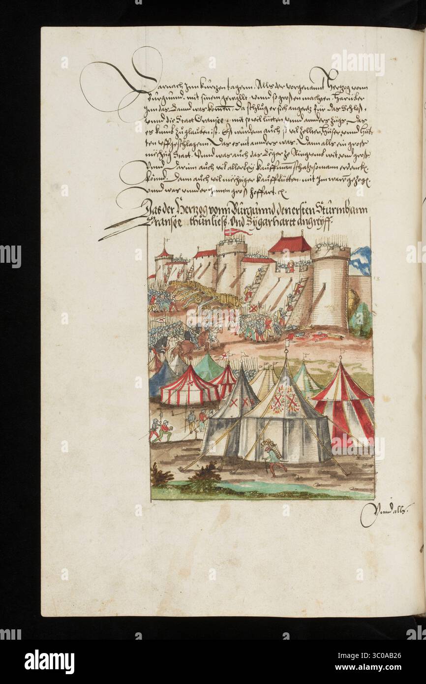 Una scena delle Guerre di Borgogna (1474-1477) una serie di conflitti nel tardo XV secolo tra il Ducato di Borgogna e la Vecchia Confederazione svizzera, insieme ai loro alleati. Illustrazione dal Silbereisen Chronicon Helvetiae, parte II, XVI secolo. Foto Stock