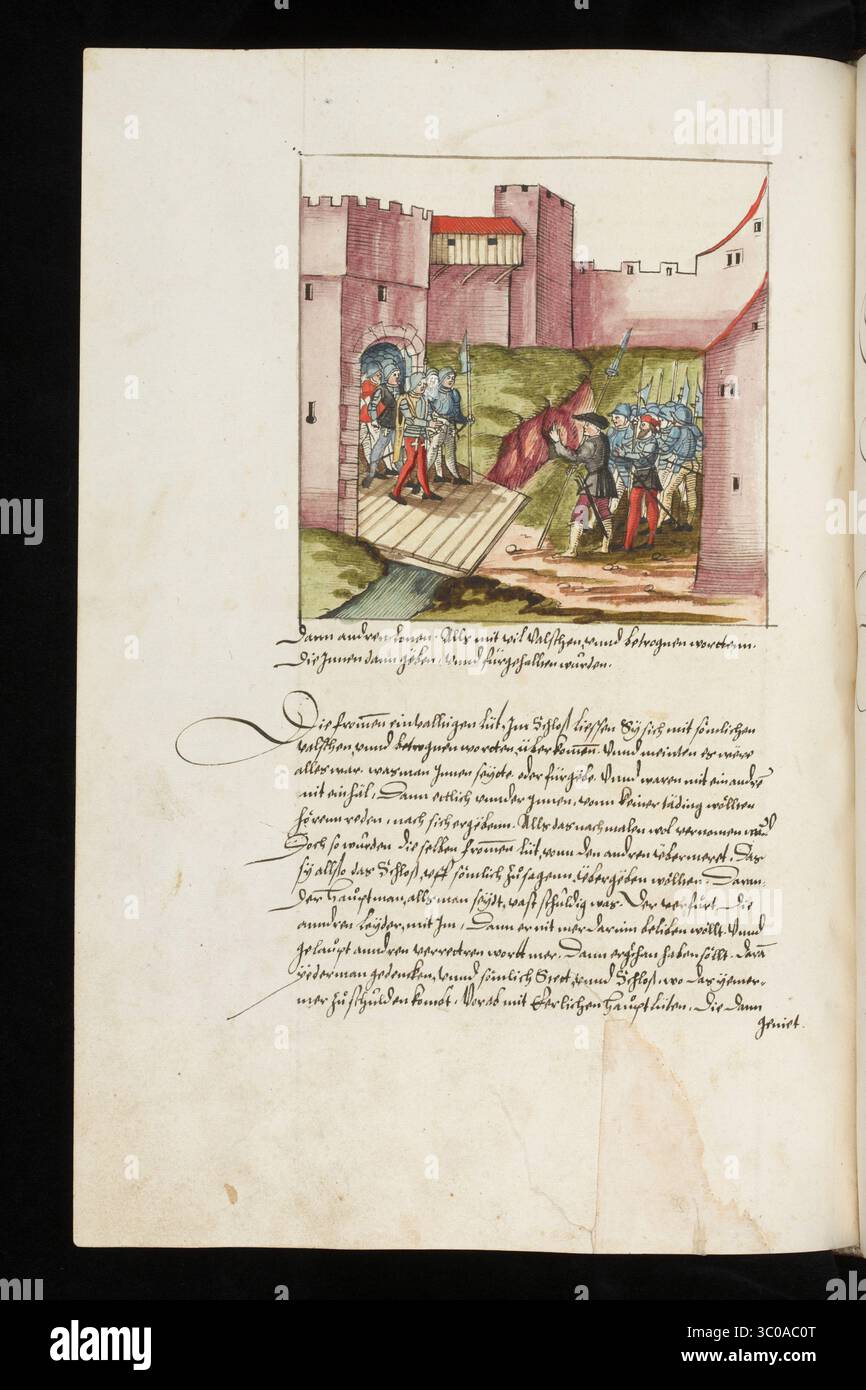 Una scena delle Guerre di Borgogna (1474-1477) una serie di conflitti nel tardo XV secolo tra il Ducato di Borgogna e la Vecchia Confederazione svizzera, insieme ai loro alleati. Illustrazione dal Silbereisen Chronicon Helvetiae, parte II, XVI secolo. Foto Stock