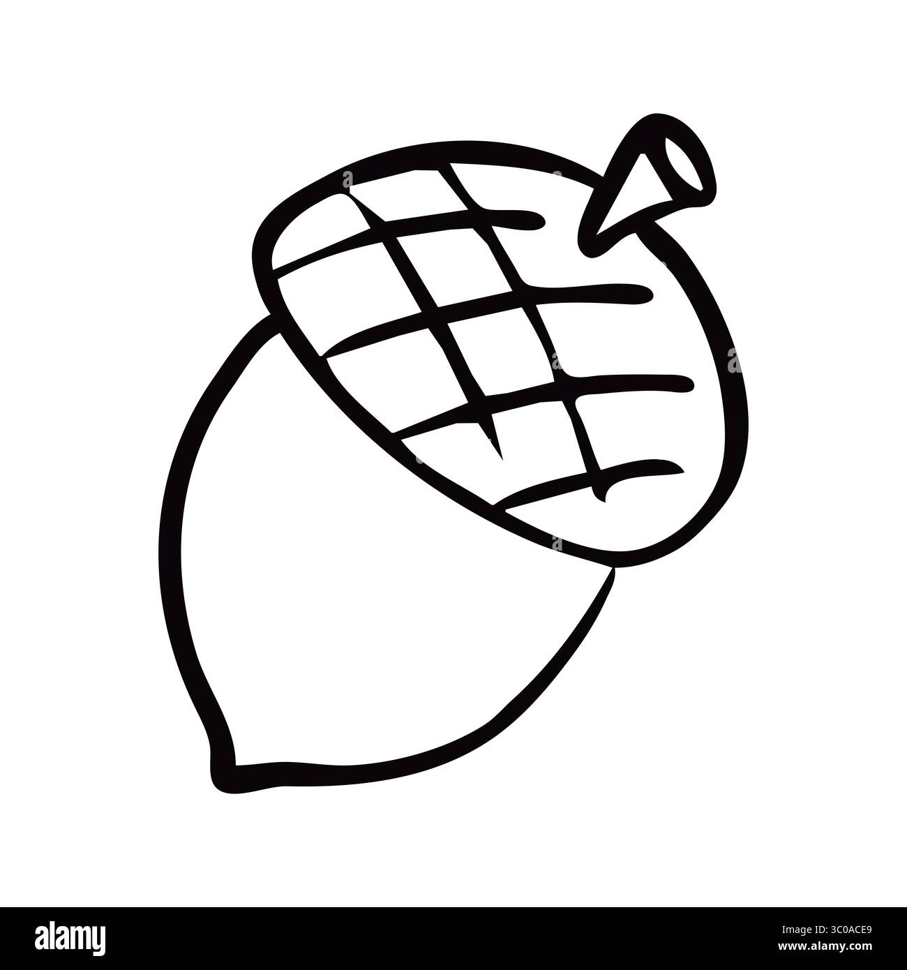 Un'illustrazione in stile cartone animato bianco e nero disegnata a mano di una ghianda, adatta per i progetti educativi, creativi e divertenti dei bambini. Illustrazione vettoriale Illustrazione Vettoriale