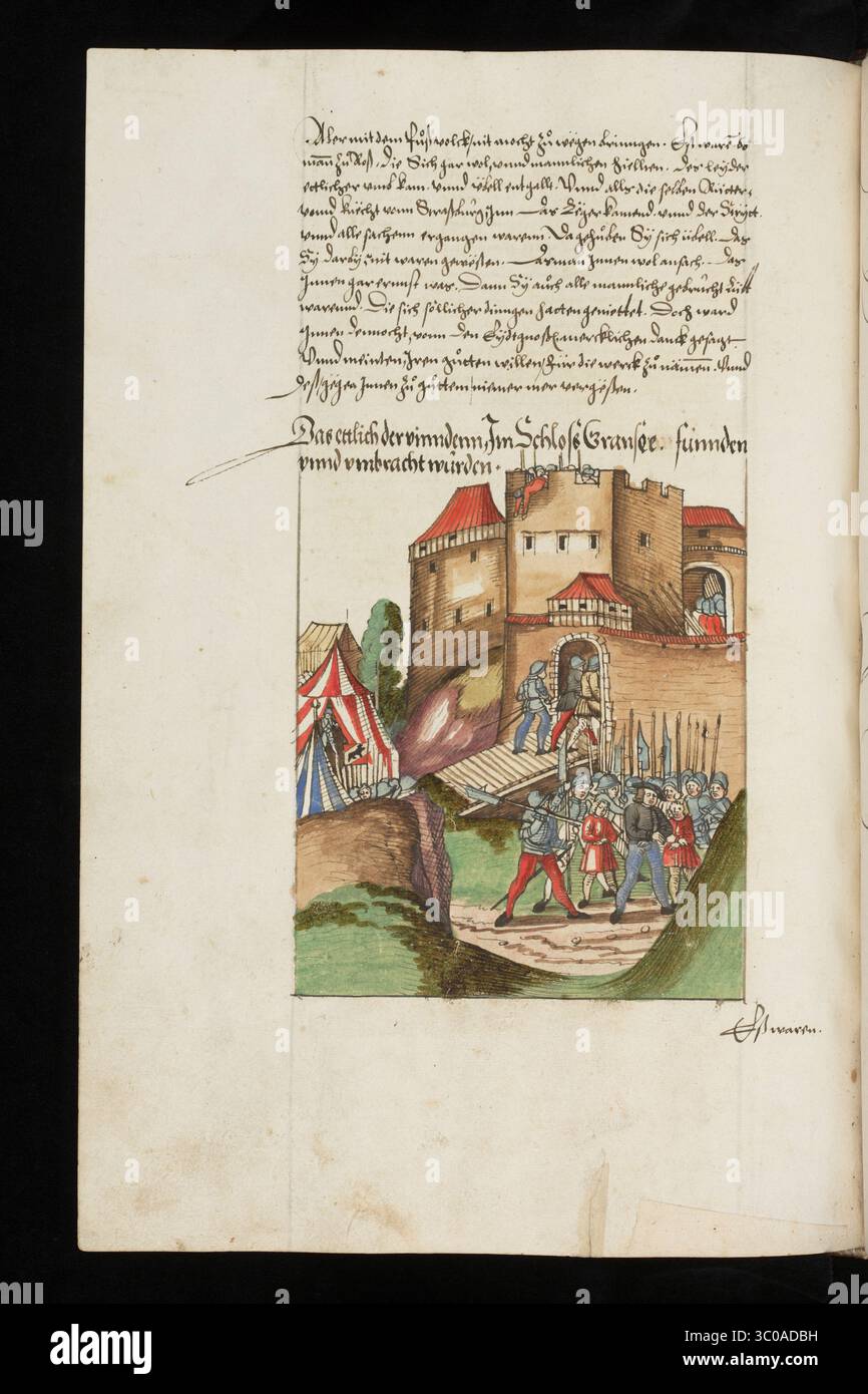 Una scena delle Guerre di Borgogna (1474-1477) una serie di conflitti nel tardo XV secolo tra il Ducato di Borgogna e la Vecchia Confederazione svizzera, insieme ai loro alleati. Illustrazione dal Silbereisen Chronicon Helvetiae, parte II, XVI secolo. Foto Stock