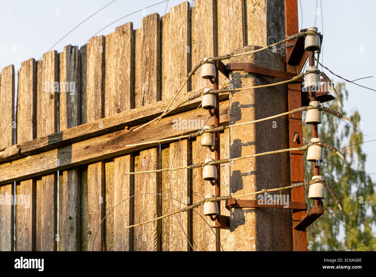 Sistema di recinzione elettrica con isolatori in ceramica montati su palo in legno – infrastruttura di sicurezza, Foto Stock