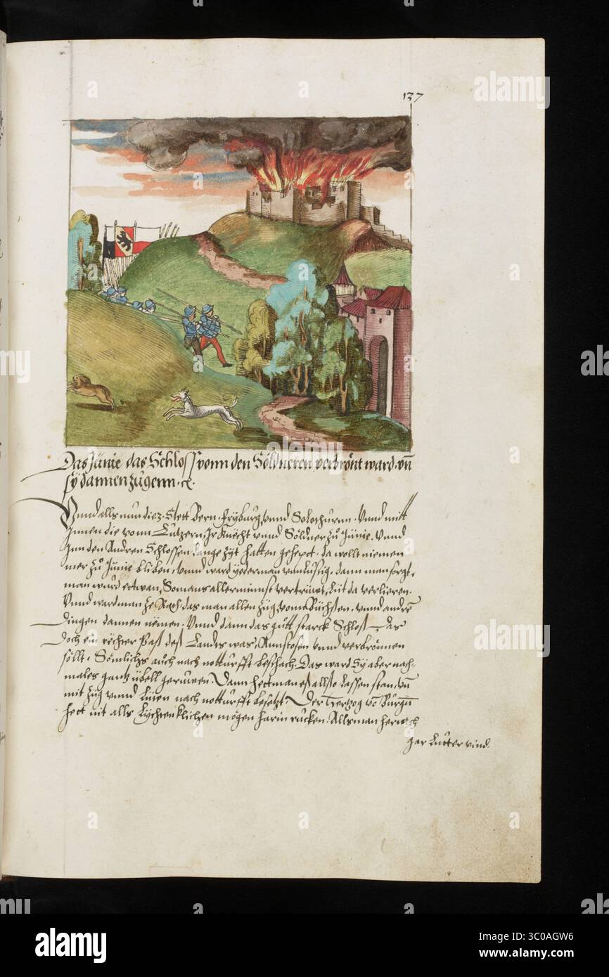 Una scena delle Guerre di Borgogna (1474-1477) una serie di conflitti nel tardo XV secolo tra il Ducato di Borgogna e la Vecchia Confederazione svizzera, insieme ai loro alleati. Illustrazione dal Silbereisen Chronicon Helvetiae, parte II, XVI secolo. Foto Stock