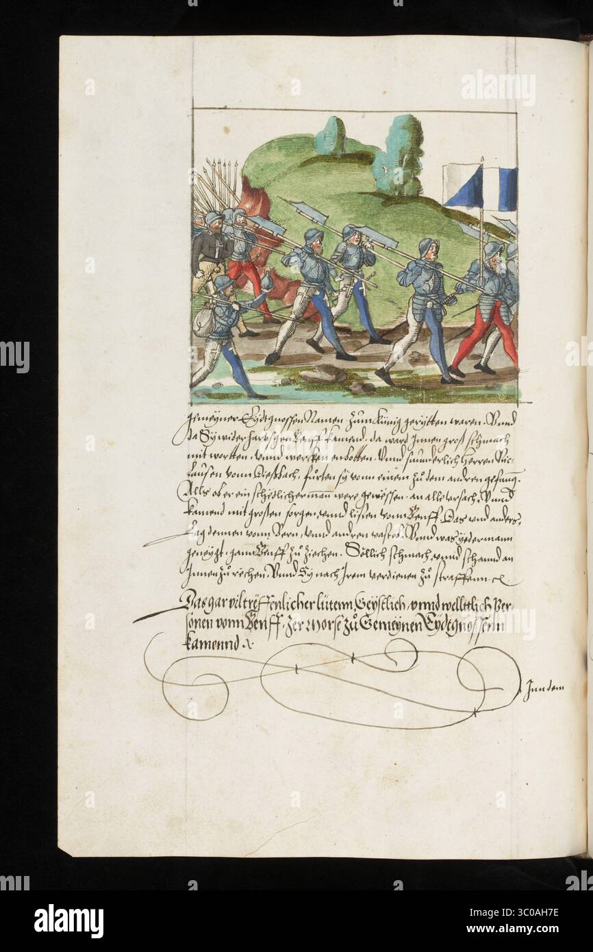 Una scena delle Guerre di Borgogna (1474-1477) una serie di conflitti nel tardo XV secolo tra il Ducato di Borgogna e la Vecchia Confederazione svizzera, insieme ai loro alleati. Illustrazione dal Silbereisen Chronicon Helvetiae, parte II, XVI secolo. Foto Stock