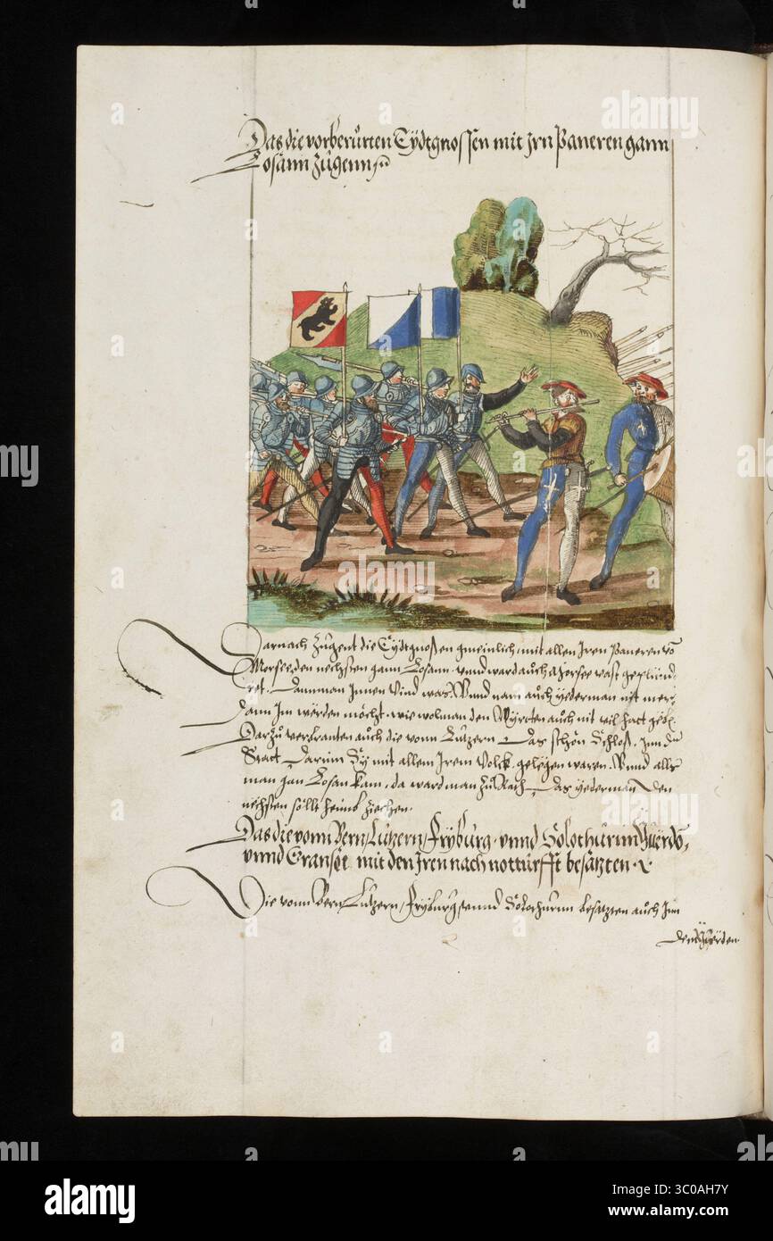 Una scena delle Guerre di Borgogna (1474-1477) una serie di conflitti nel tardo XV secolo tra il Ducato di Borgogna e la Vecchia Confederazione svizzera, insieme ai loro alleati. Illustrazione dal Silbereisen Chronicon Helvetiae, parte II, XVI secolo. Foto Stock