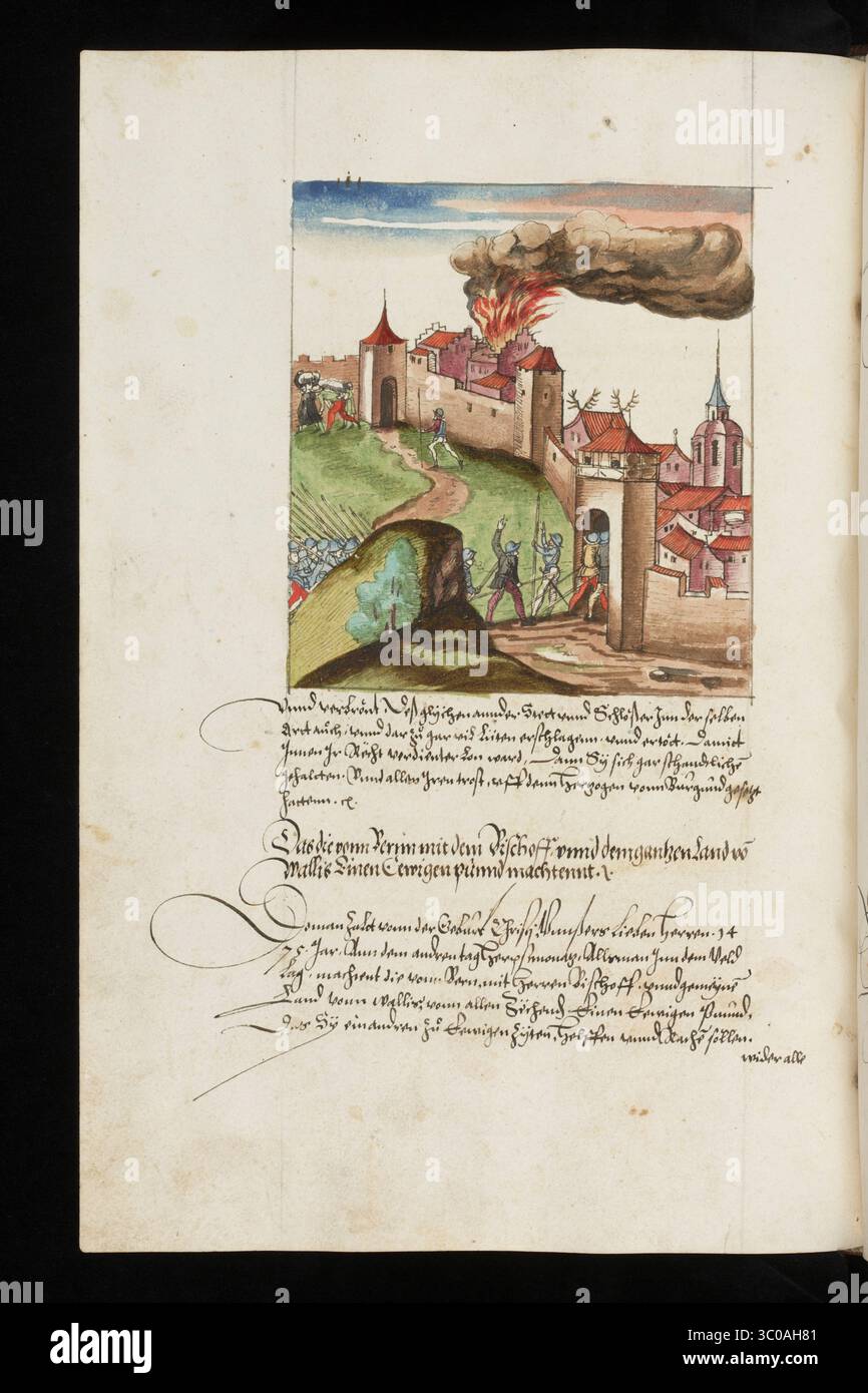 Una scena delle Guerre di Borgogna (1474-1477) una serie di conflitti nel tardo XV secolo tra il Ducato di Borgogna e la Vecchia Confederazione svizzera, insieme ai loro alleati. Illustrazione dal Silbereisen Chronicon Helvetiae, parte II, XVI secolo. Foto Stock