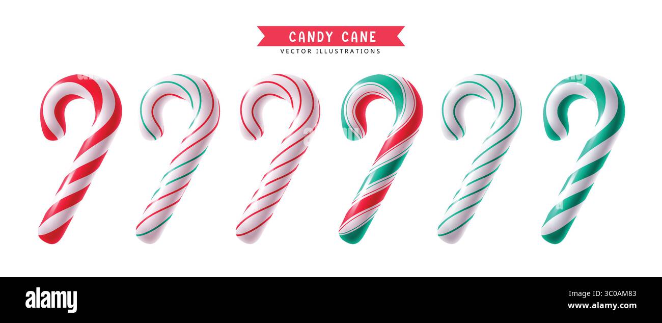 Design del set di Clipart Twisted Candy Cane di Natale. Elementi colorati Candy Cane in Twisted, set Clipart Candy Cane isolato su sfondo bianco. Vettore Illustrazione Vettoriale