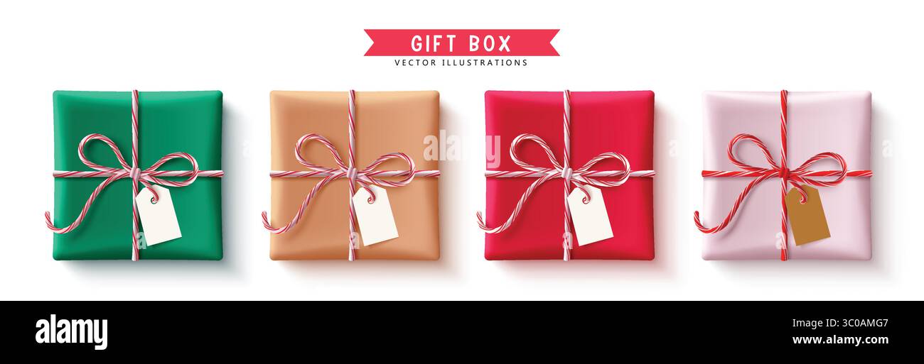 Confezione regalo Design set vettoriale. Confezioni regalo colorate per la collezione a sorpresa di compleanno, matrimonio e anniversario. Illustrazione vettoriale realistica casella chiusa Illustrazione Vettoriale