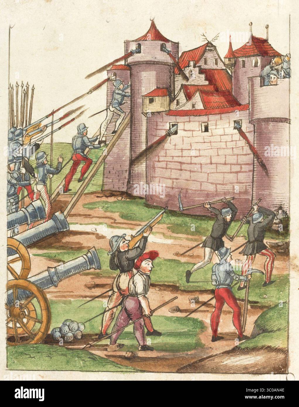 Una scena delle Guerre di Borgogna (1474-1477) una serie di conflitti nel tardo XV secolo tra il Ducato di Borgogna e la Vecchia Confederazione svizzera, insieme ai loro alleati. Illustrazione dal Silbereisen Chronicon Helvetiae, parte II, XVI secolo. Foto Stock